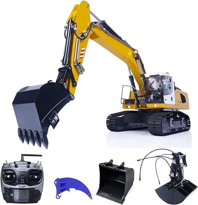 1/14 RC Hydraulic Excavator 946 2-Section Boom Remote Control Construction Machine Model Metal Ripper Bucket AT9S Remote Control RC Heavy Equipment RC Hydraulic Machine(Yellow)