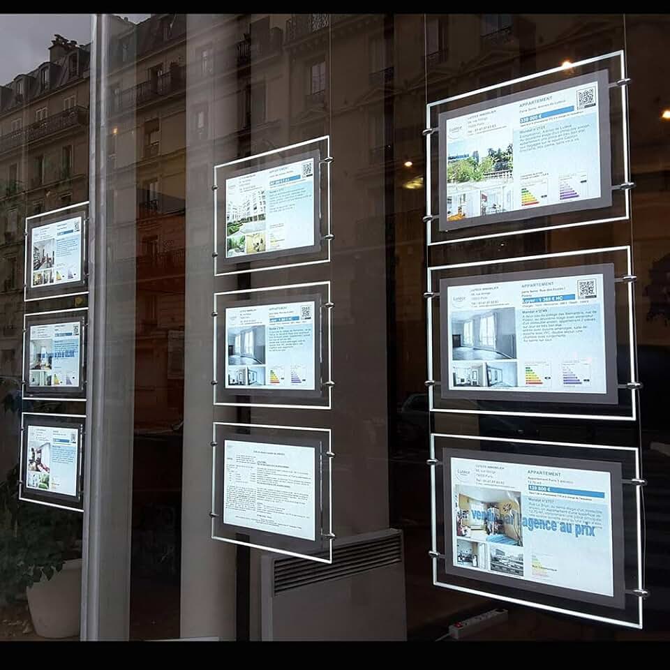 Real Estate Office Window Hanging Acrylic Poster Frame Crystal Led Light Box Sign Display Holder (Horizontal/Landscape, 3pcs A3 a row)
