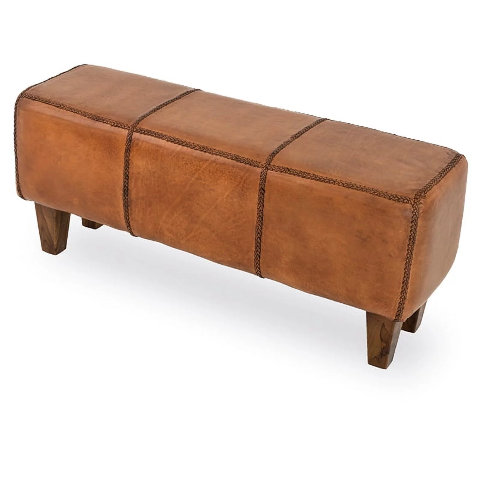 Pemberly Row Mid-Century Modern Genuine Leather Upholstered Bench in Tan