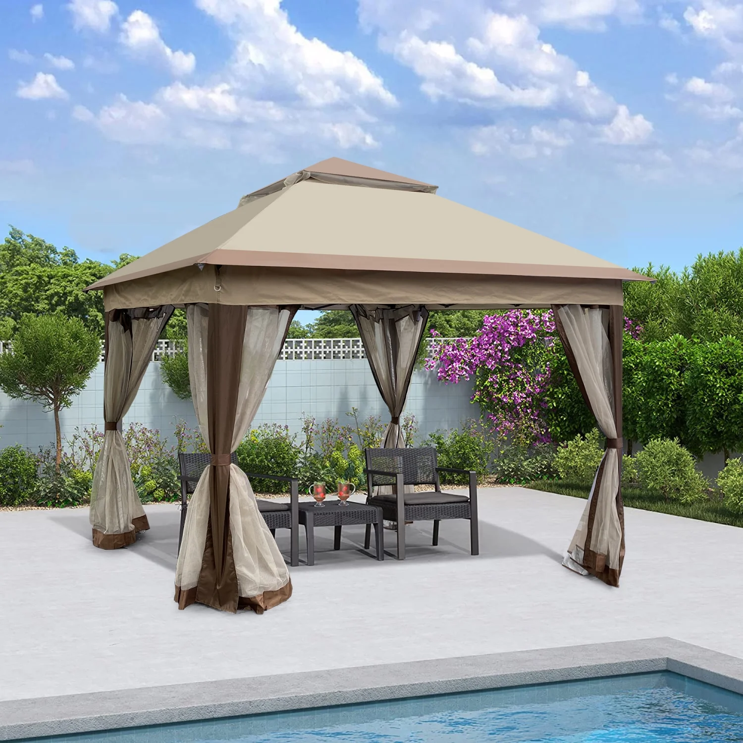 Ideal for garden gatherings  this spacious and durable 11x11ft outdoor coffee pop up gazebo canopy features removable zipper netting  making it perfect for patio  backyard  and camping ar