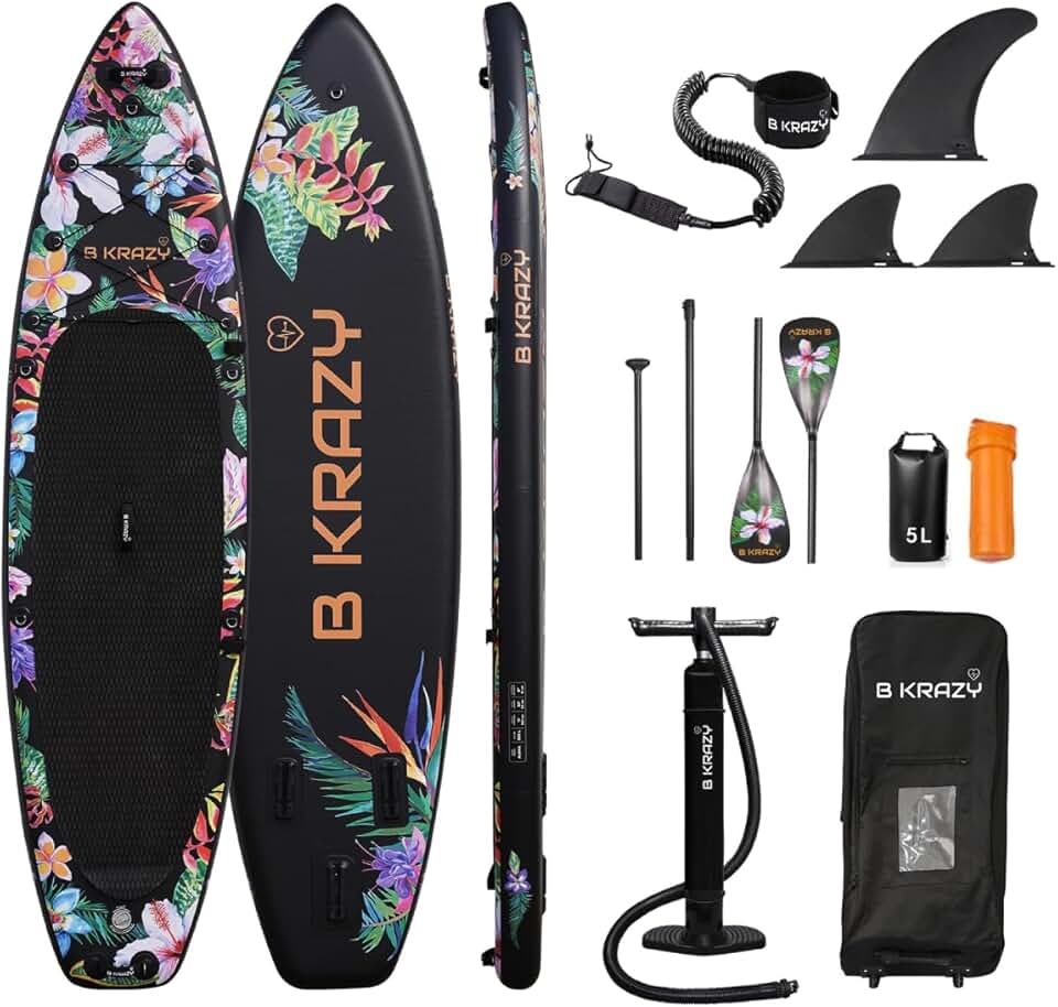 High-End Inflatable Paddle Board by Bkrazy - Complete Package with Accessories & Bag - Perfect Stand up Paddle Board for Lakes, River and Ocean - 10,6 ft Paddle Board for Adults