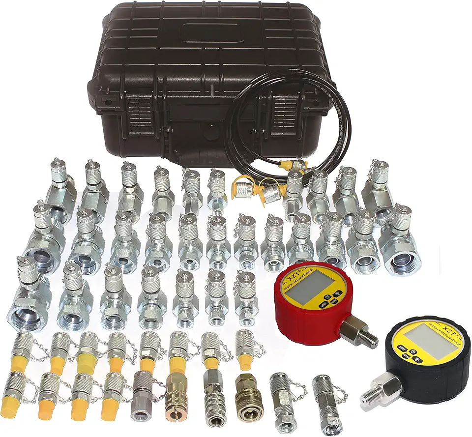 XZT 70DC Hydraulic Pressure Test Coupling Kit,Pressure gauges Set,Test Hose,BSPP ORFS JIC Hydraulic Swivel Run tees Set Repair Tools for Most Excavator Construction Machinery