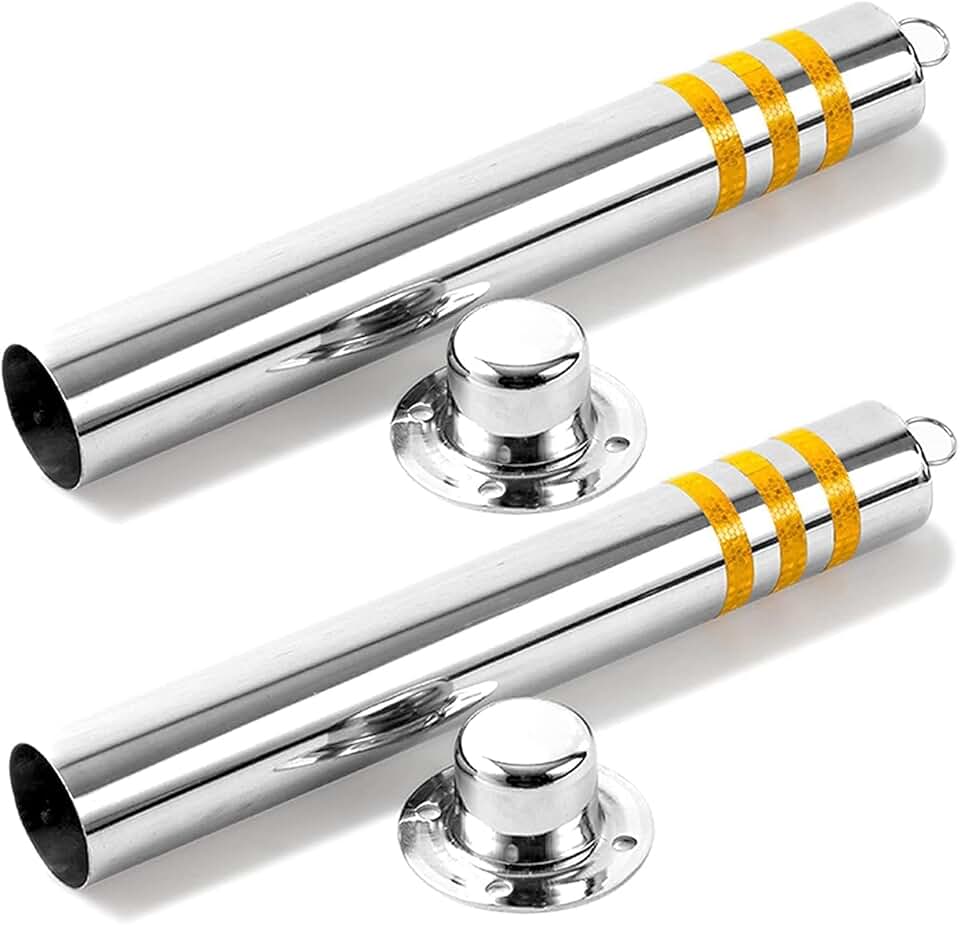 Security Parking Bollard Post Parking Barriers 2 Pack ，Parking Posts Lockable Stainless Steel Tall Traffic Cones with Reflective Strips,Security Posts for Driveways, Easy to Install (Color : Silver