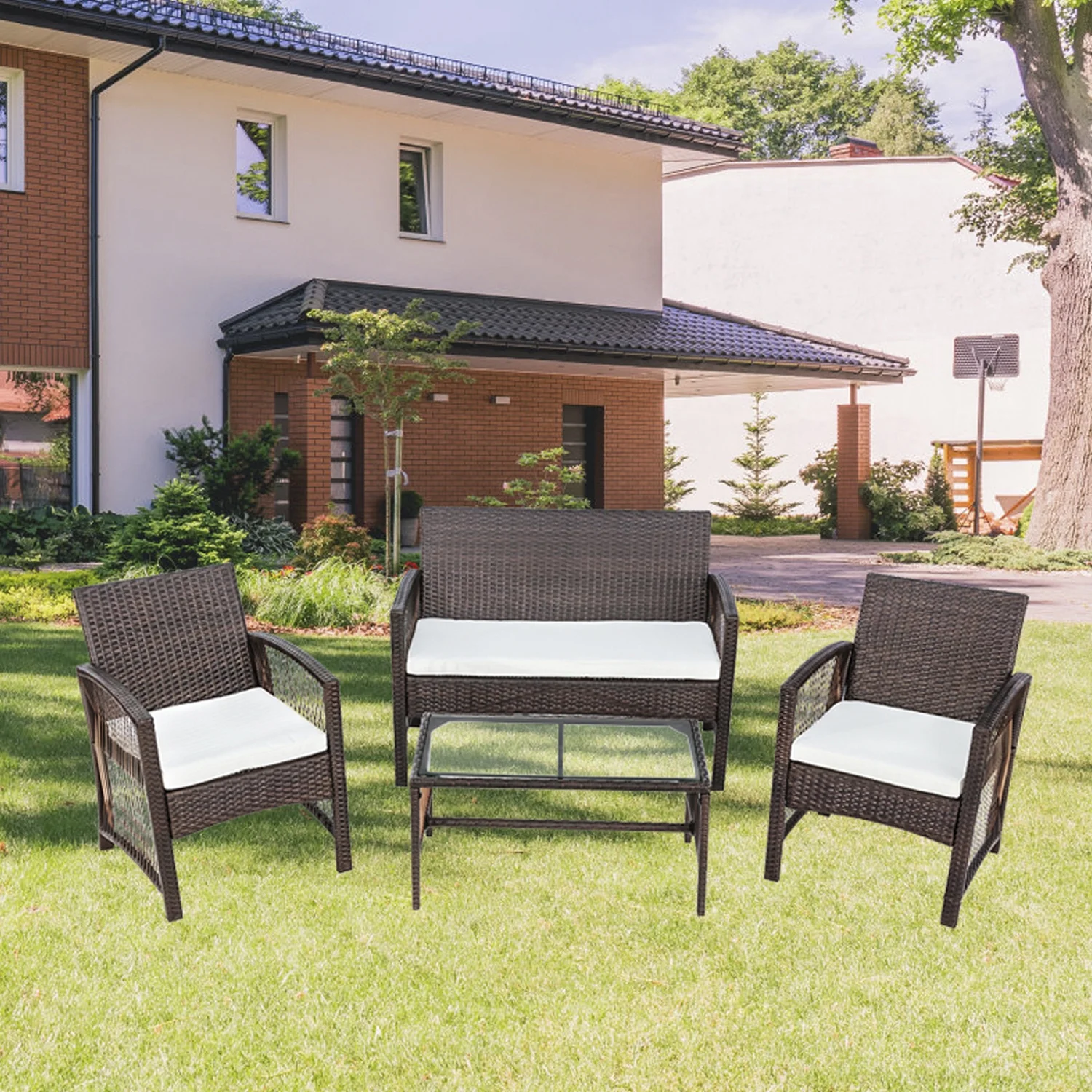 Outdoor Patio Furniture Sets, 4 Piece Brown Wicker Outdoor Porch Conversation Sets, 2pcs Arm Chairs, 1pc Loveseat&Coffee Table, Patio Bar Set, Dining Set for Backyard Lawn Porch Poolside Garden, W7765