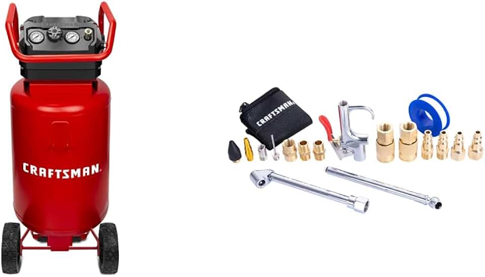 CRAFTSMAN Air Compressor, 20 Gallon, 1.8 HP, Oil-Free Air Tools, Max 175 PSI Pressure, 2 Quick Coupler, Long Lifecycle Low Noise, Model: CMXECXA0232043, Red & 18-pc. Air Accessory Kit (CMXZTSG1004NB)
