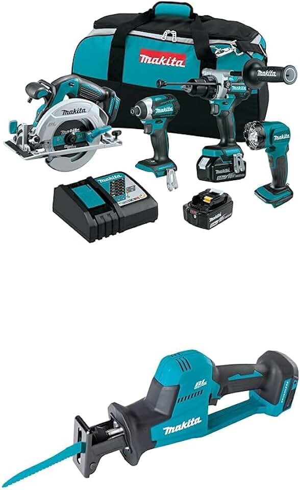 Makita XT452T 18V LXT® Lithium-Ion Brushless Cordless 4-Pc. Combo Kit (5.0Ah) with Makita XRJ08Z 18V LXT® Lithium-Ion Brushless Cordless Compact One-Handed Recipro Saw, Tool Only