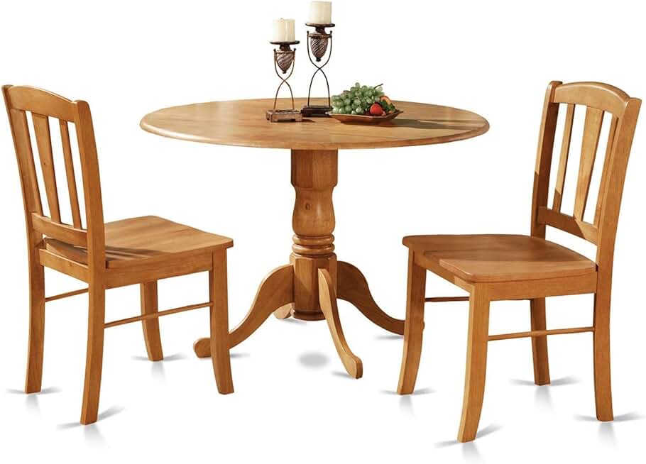 East West Furniture DLIN3-OAK-W 3 Piece Set for Small Spaces Contains a Round Dining Room Table with Dropleaf and 2 Wood Seat Chairs, 42x42 Inch