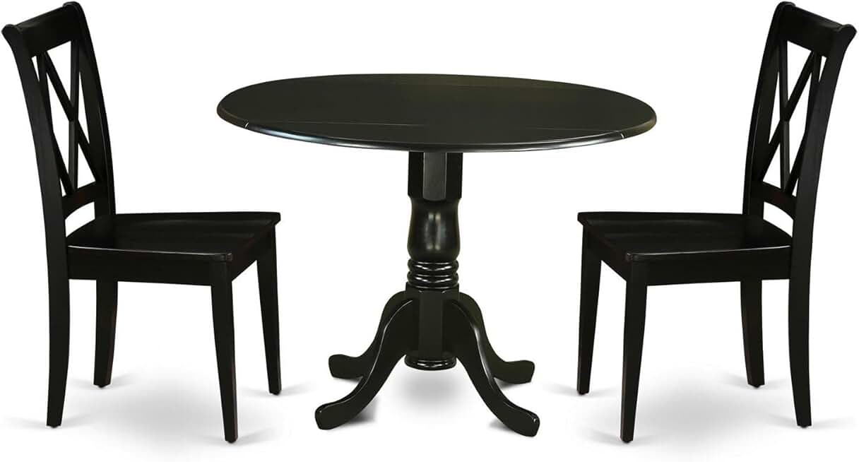 East West Furniture DLCL3-BLK-W Dublin 3 Piece Kitchen Set for Small Spaces Contains a Round Dining Room Table with Dropleaf and 2 Solid Wood Seat Chairs, 42x42 Inch