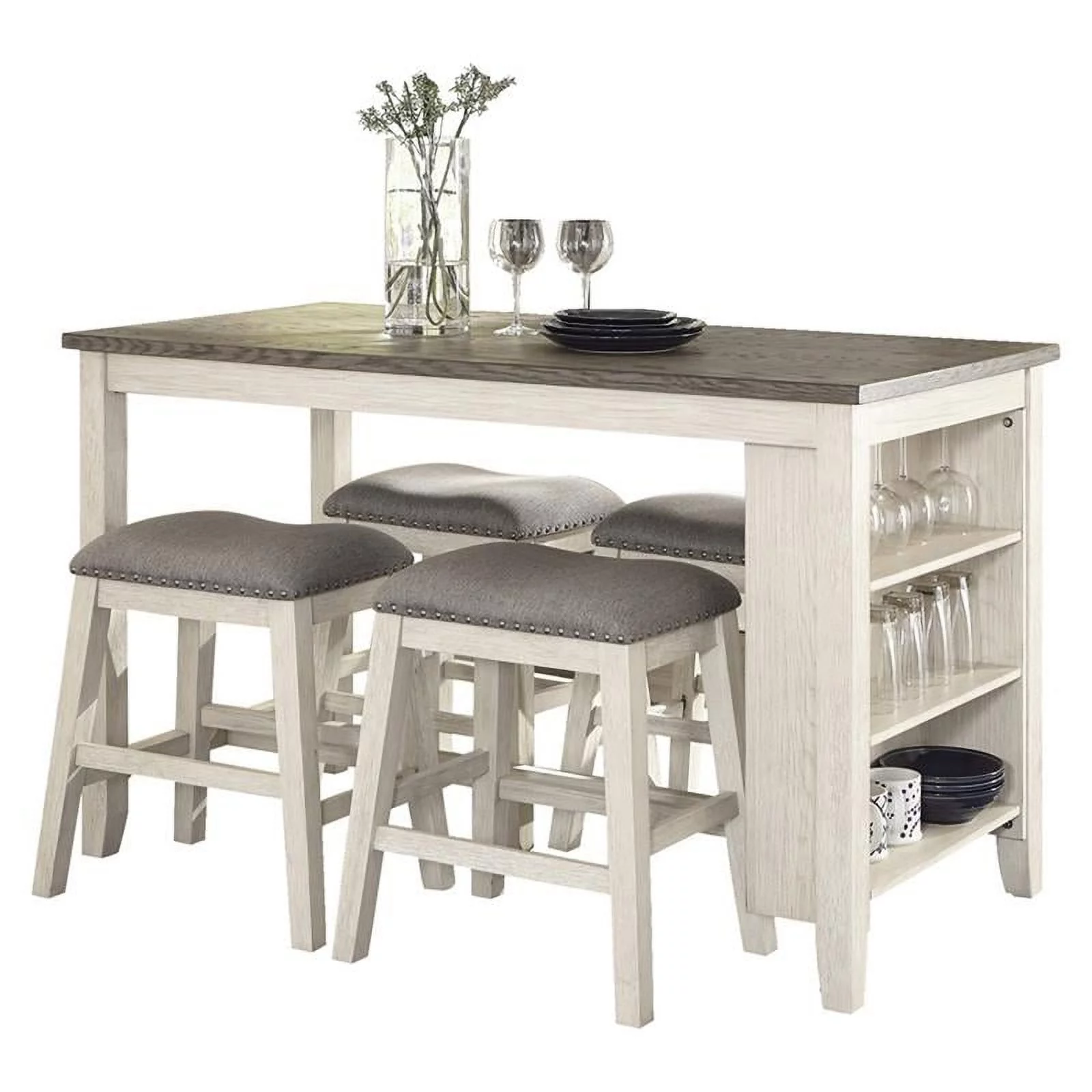Pemberly Row 5-Piece 3-Shelf Wood Counter Height Dining Set in Antique White