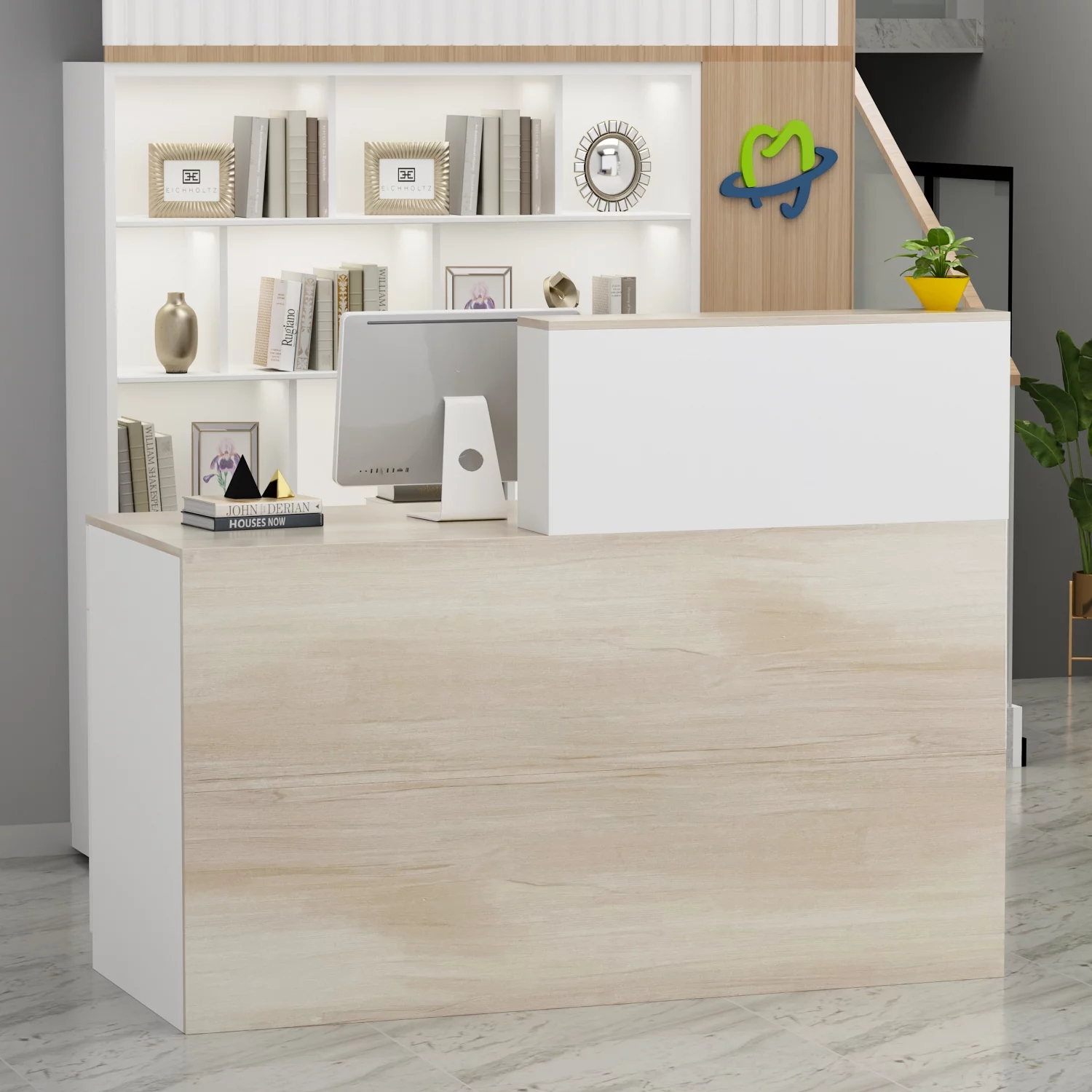 OXYLIFE L-Shape Reception Desk with Hutch and Lockable Drawer, Front Receptionist Area Counter for Office Salon Beauty Barbershop