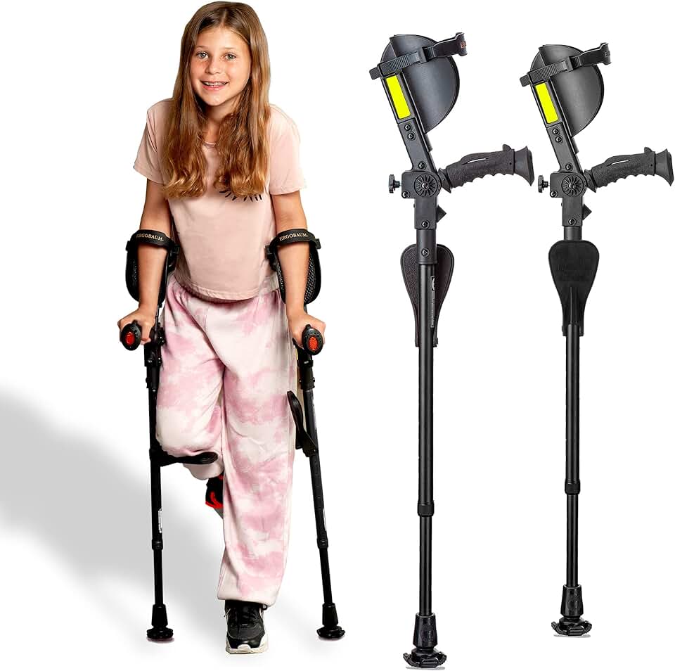Ergobaum Jr. Forearm Crutches with Shock Absorbers for Users 3'9'' to 5' in Height, with Ergonomic Handle Grips, All-Terrain Ultralite Non-Slip Rubber Tips, Knee-Rest Platforms, LED Light (Black)