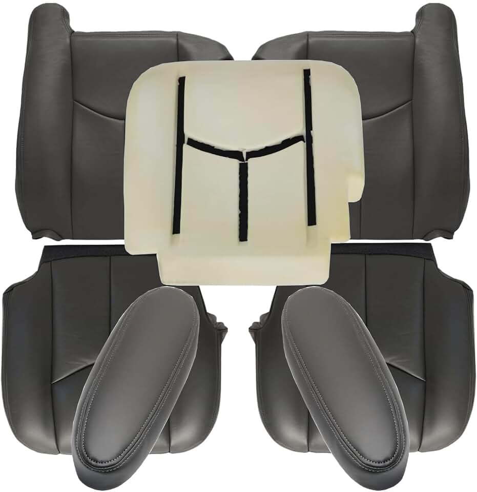 GXARTS Driver and Passenger Side Bottom and Top Lean Back Leather Seat Cover&Foam&Armrest 692 or 69i Dark Gray Fit for Chevy GMC Tahoe Suburban Avalanche Yukon Silverado Sierra 2003 2004 2005 2006