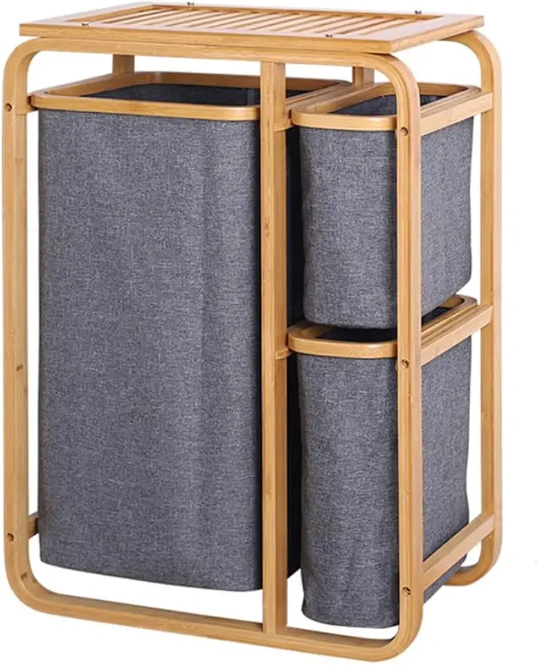 Bamboo Laundry Hamper Stand, Freestanding Laundry Organizer w/Removable Sliding Bag, Space-Saving Basket with Handles, Top Storage Shelf, for Bathroom, Living Room, Bedroom