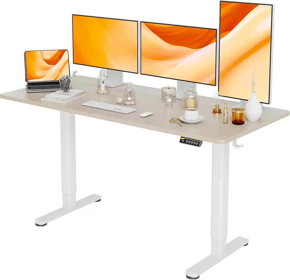 Electric Standing Desk, Adjustable Height Stand up Desk, 63x24 Inches Sit Stand Home Office Desk with Splice Board, White Frame/Nature Top