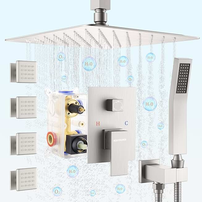 Shower Body Sprays Systems, 10 Inch Rain Shower Ceiling Mounted, All Metal Shower Faucet Set, Contain Rough-in Shower Valve, Brushed Nickel