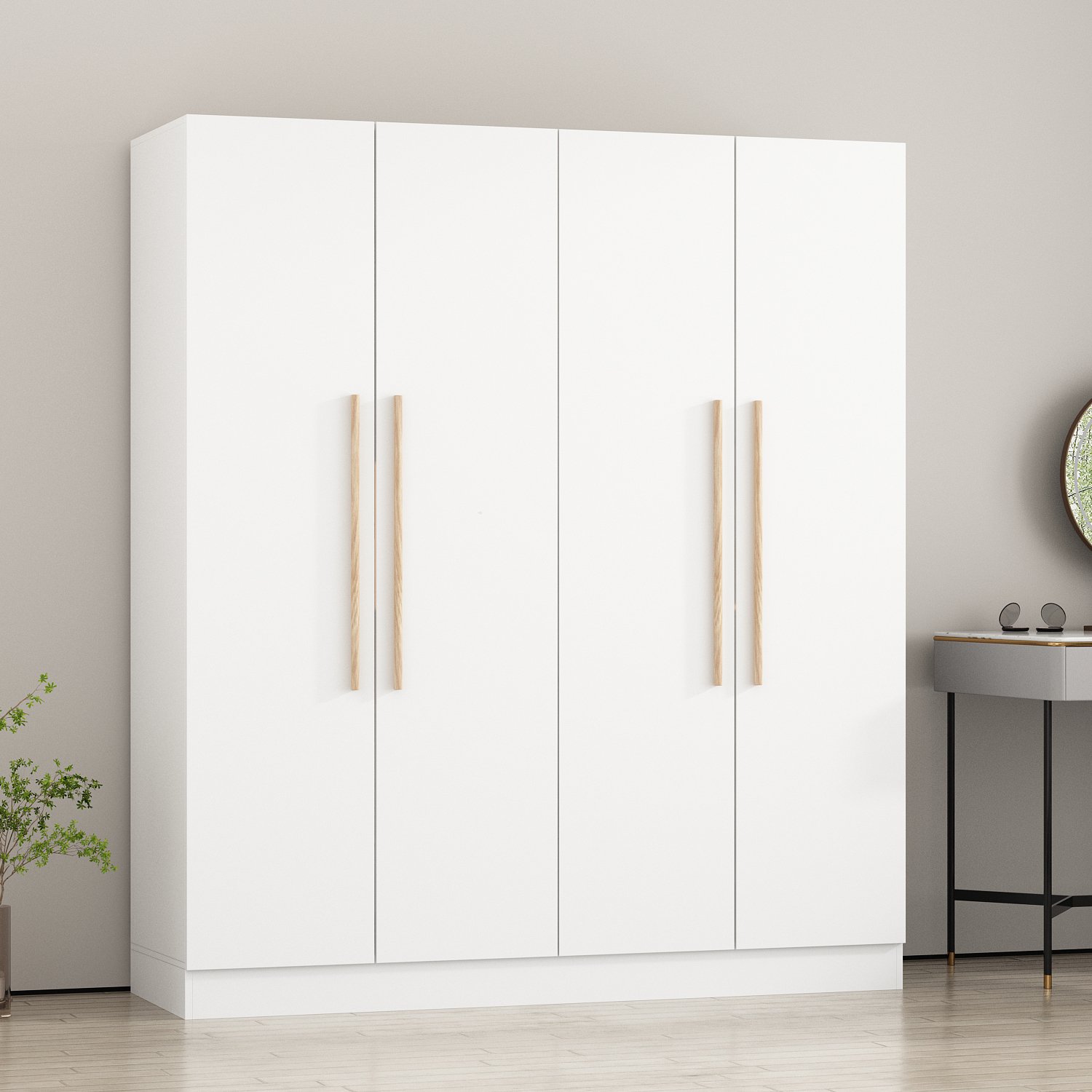 OXYLIFE 4 Door Wardrobe Armoire with Clothing Rod and Storage Shelves, White, 70.9