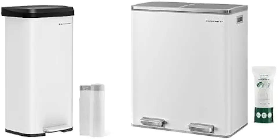 SONGMICS 18-Gallon Kitchen Trash Can, with Stay-Open Lid, Step-on Pedal, Large and Space-Saving, White ULTB520W68 & 2 x 8-Gallon Dual Garbage Can for Kitchen, with 15 Trash Bags, White ULTB60WT02