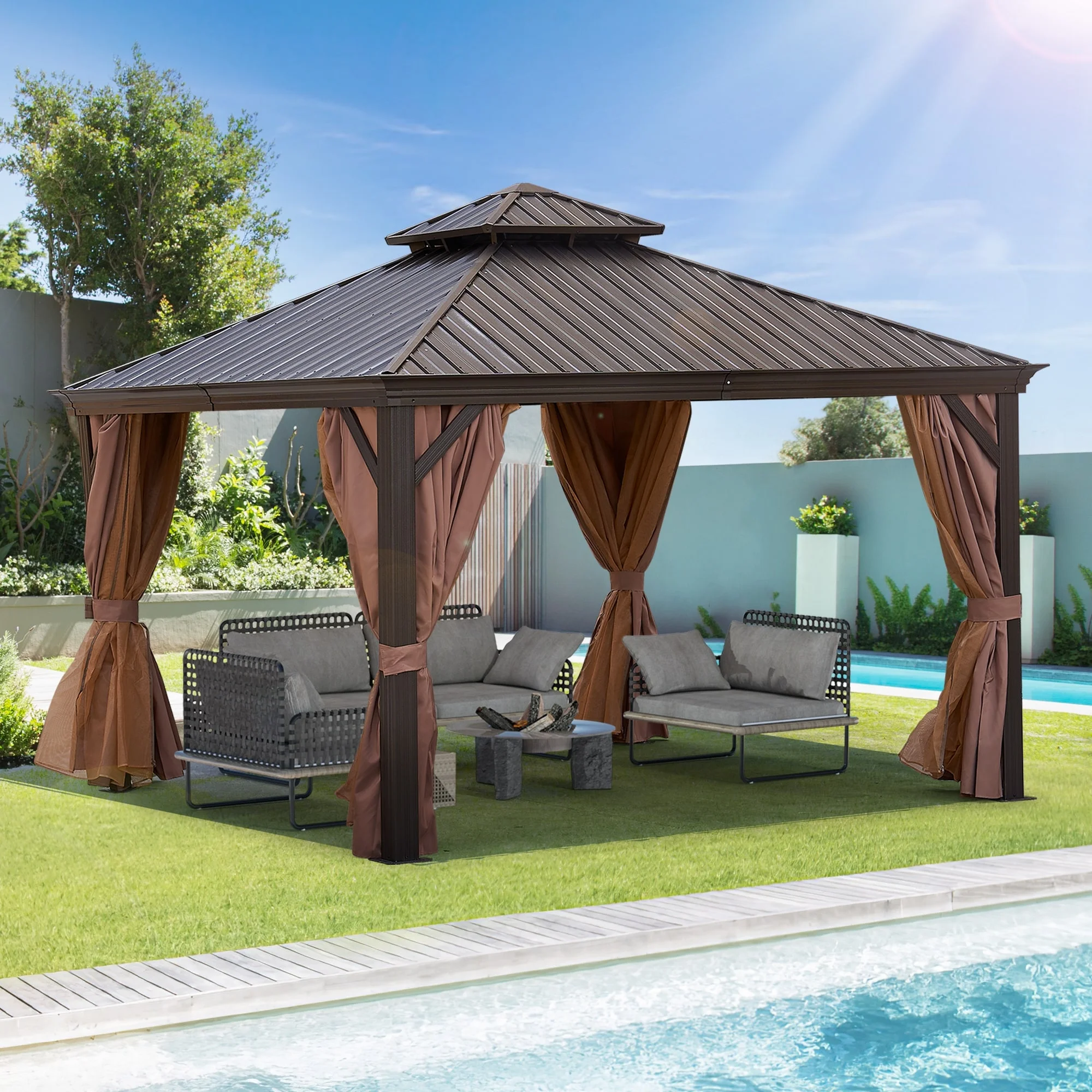 Ouyessir Outdoor Permanent Hardtop Gazebo Canopy 12*12FT - Brown