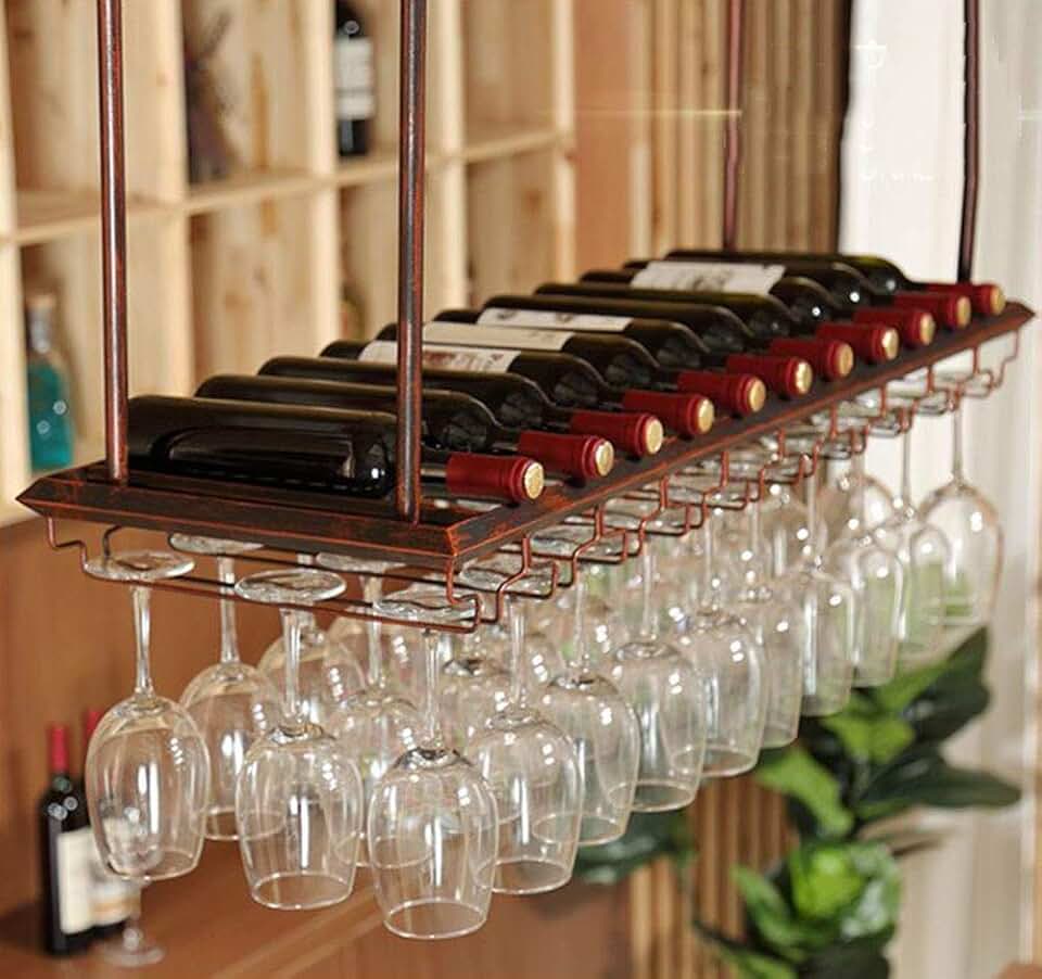 Wine Rack, Display Stand, Wine Cabinet, Wine Glass Rack, Ceiling Mounted Hanging Wine Bottle Holder Single Row Stemware Rack Vintage Wine Bottle Holder Holds Any Type of Stemware Glassware Wine