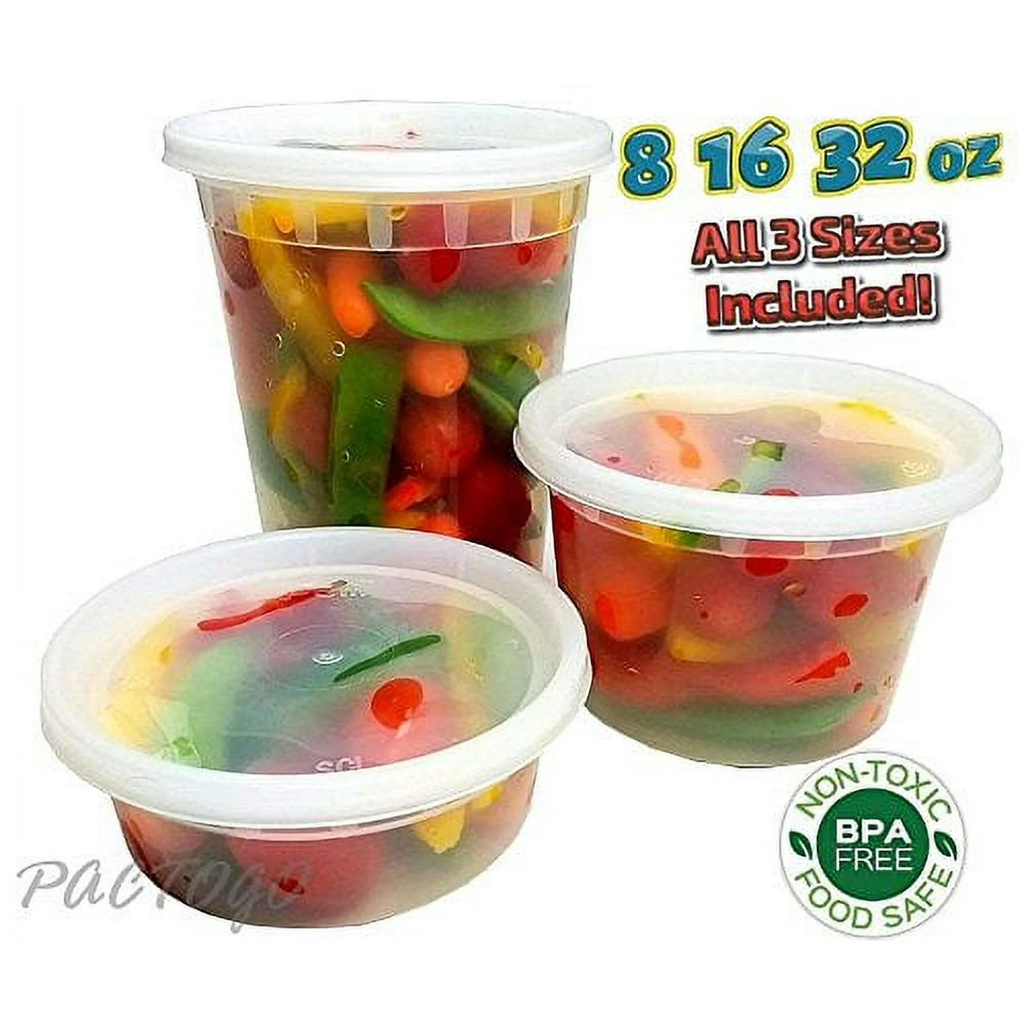 PCM 8 16 32 oz. Round Plastic Deli Soup Containers w/Lids Microwavable BPA Free (Pack of 240 Sets Each)