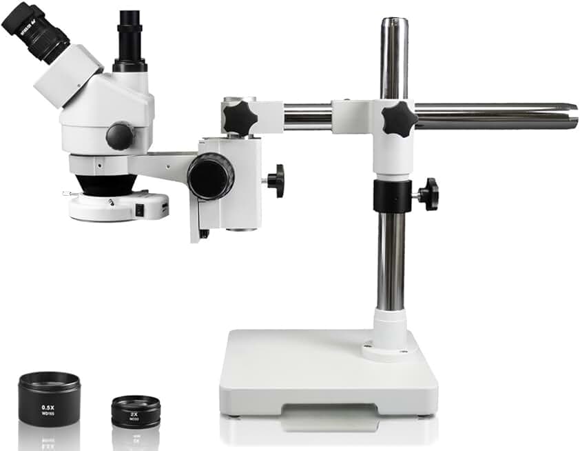 Vision Scientific VS-3FZ-IFR07 Simul-Focal Trinocular Zoom Stereo Microscope | 10x WF Eyepiece, 0.7X—4.5X Zoom, 3.5X—90x Magnification, 0.5X & 2X Aux Lens