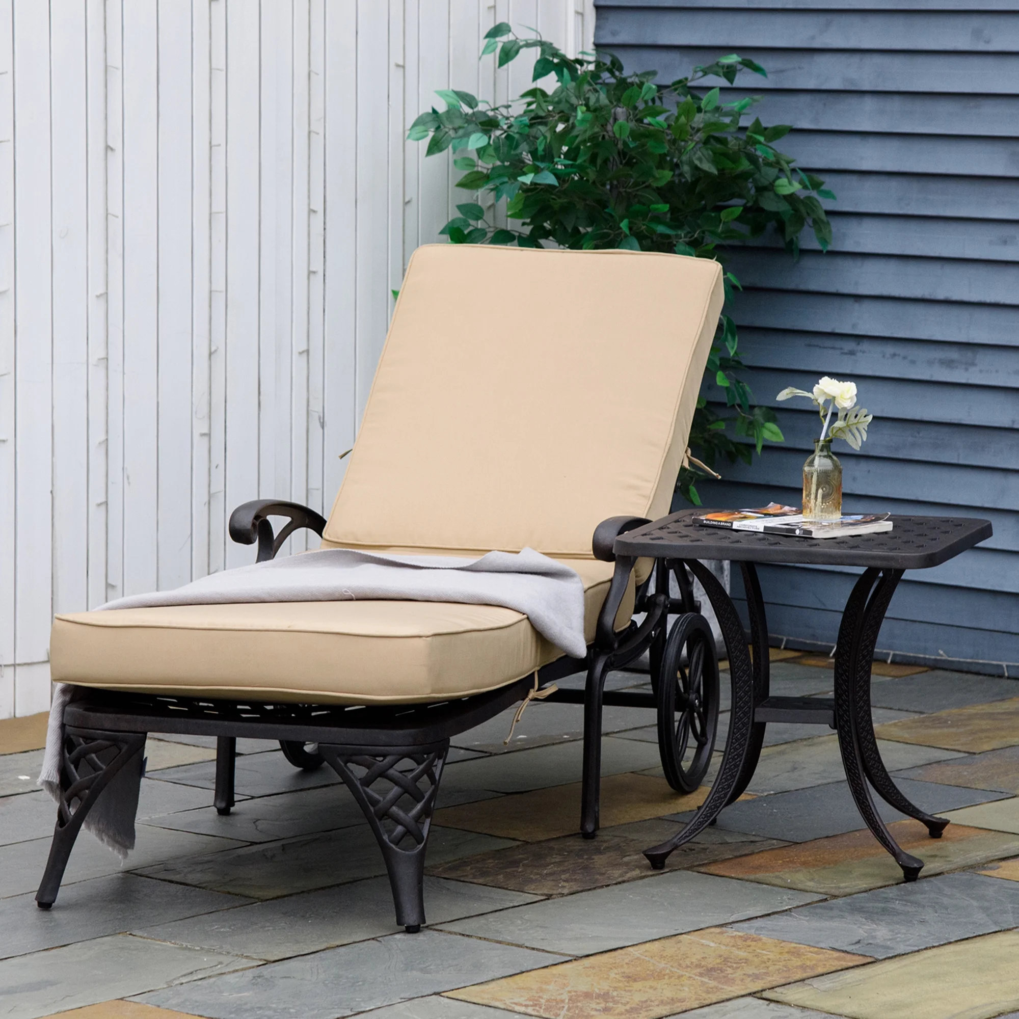 Outsunny Outdoor Chaise Lounge Chair & Table Set, Folding, Reclining, Beige