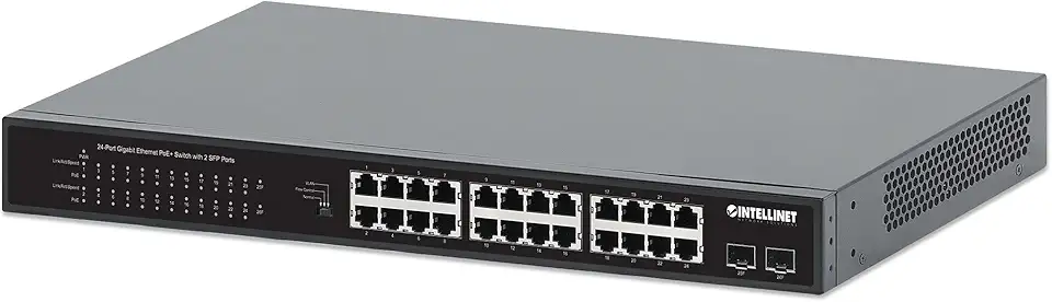 Intellinet 24-Port Unmanaged PoE+ Gigabit Ethernet Switch - 370W Power Budget, 2 x 1Gbps SFP Ports, Rackmount/Desktop, Autosensing Ports, Sturdy Metal – 3 Yr Mfg Warranty - 561891