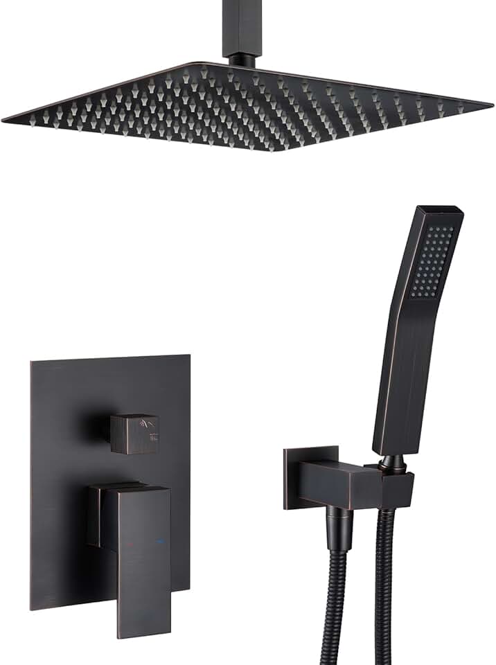 Shower System 12 Inches Rain Shower Combo Set Oil Rubbed Bronze Ceiling Mount Shower Faucet Bathroom Faucets with Rainfall Shower Head and Hand Shower