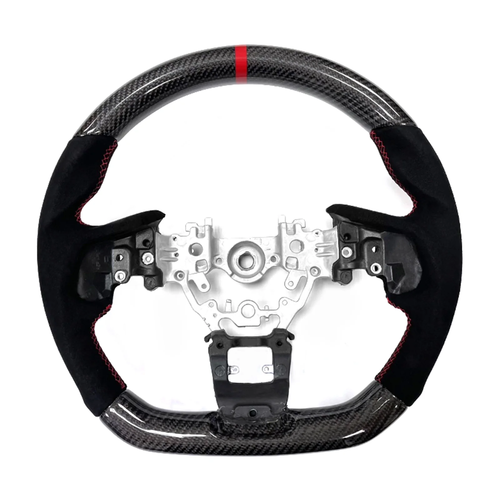 Ikon Motorsports Steering Wheel Compatible With 2022-2024 Subaru WRX Black Carbon Fiber & Alcantara Steering Wheel Brushed Kit With Red Stitching & Indicator