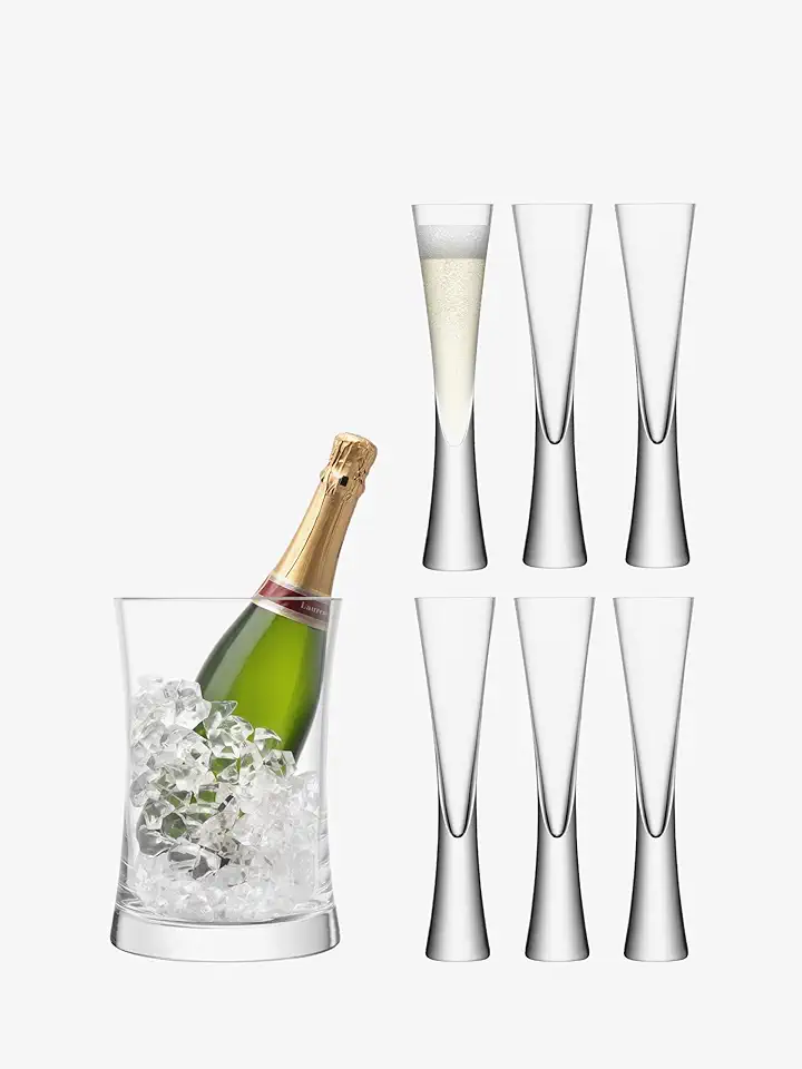 LSA International Moya Champagne Serving Ice Bucket and Flutes 6 oz, Set of 7, Luxury Elegant Curved Mouth Blown Glassware