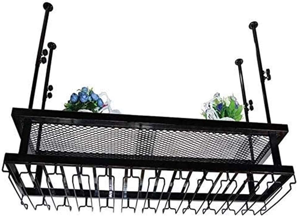 Hanging Wine Rack with Glass Holder and Shelf, Wine Lovers Bar Furniture& 2 Tiers Metal Iron Wine Rack Loft Wall Shelf Ceiling Storage Wine Racks Hanging Wine Bottle and Glasses (S
