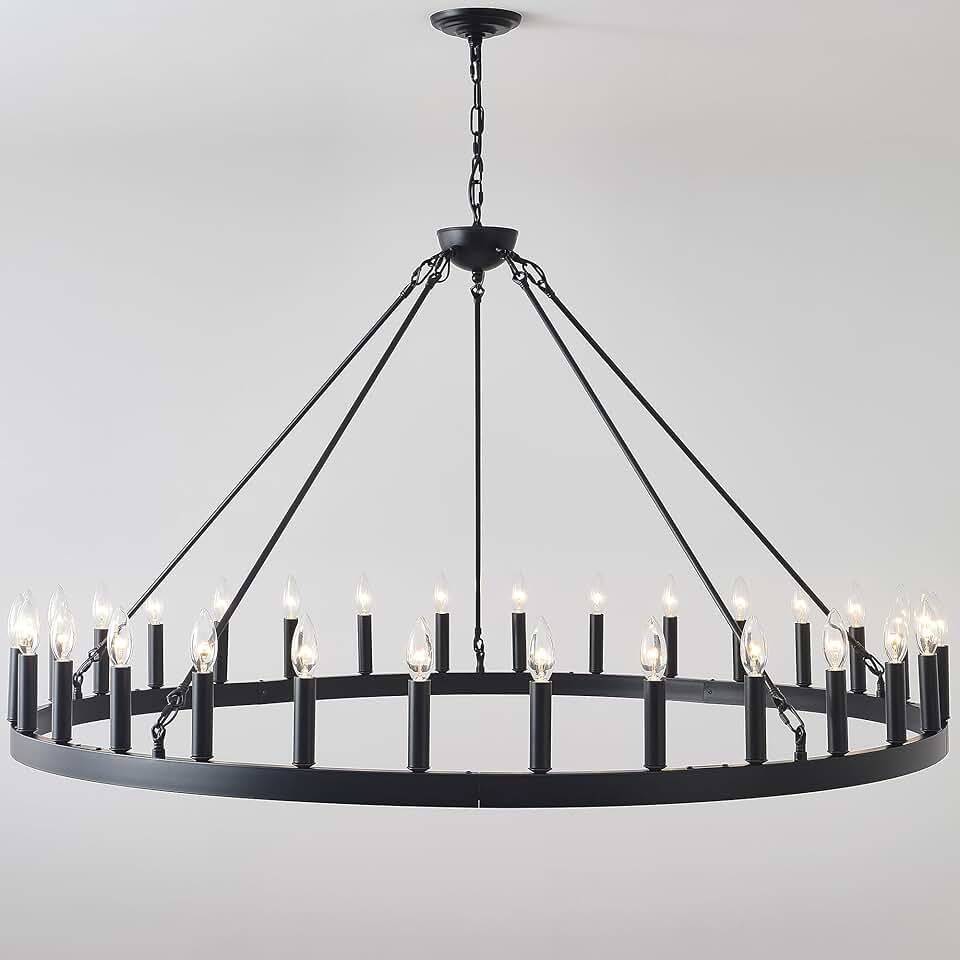 53 Inch Black Extra Large Wagon Wheel Chandelier, 30-Lights Farmhouse Industrial Round High Ceiling Pendant Light Adjustable Chain, for Dining Room, Living Room