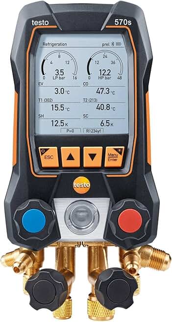 Testo 570s Manifold Gauges HVAC – Micron Gauge for Long-Term Measurement on Air Conditioning, Heat Pumps – Micron Gauge HVAC 4-Way Valve and USB-C – Refrigerant Gauge Bluetooth, App-Connection