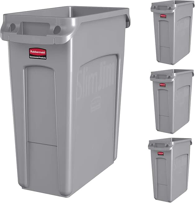 Rubbermaid Commercial Products Slim Jim Under-Counter Trash Can with Venting Channels, 13-Gallon, Gray, Fits Under Desk/Cabinet/Sink, Pack of 4