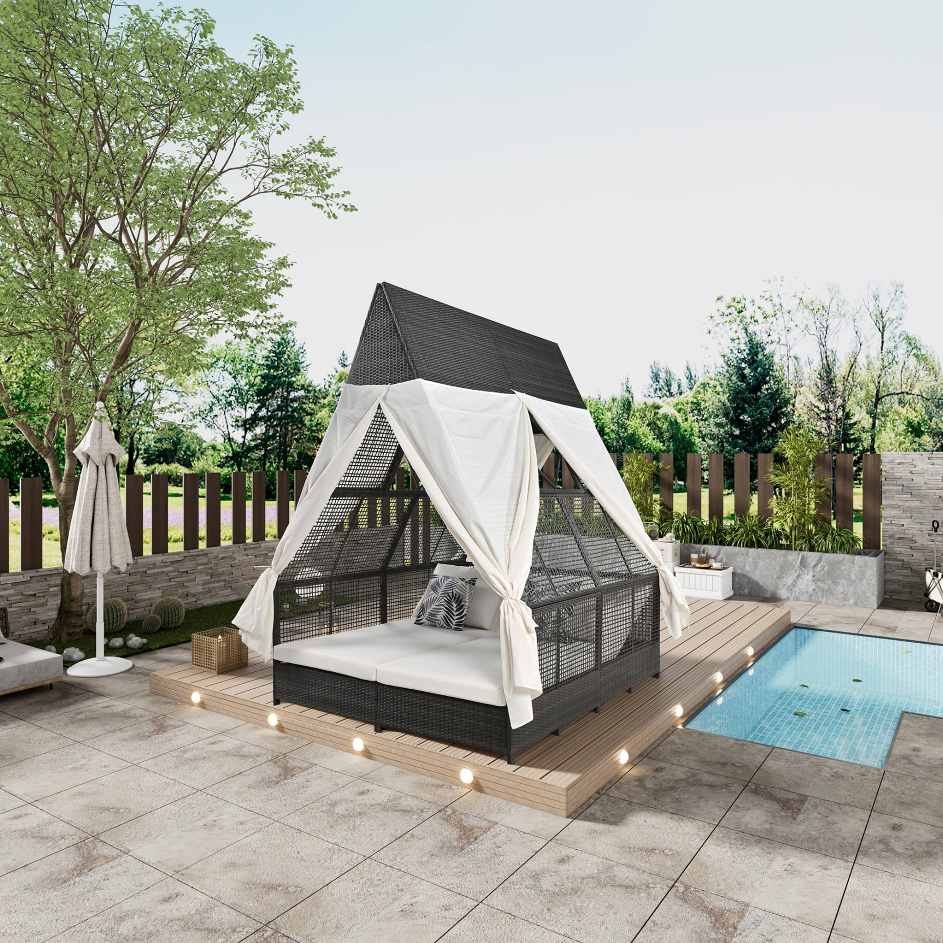 Patio Double Lounge Bed, Outdoor Sun Lounger with Curtain & Canopy, Adjustable Backrest & 4 Pillows, All-Weather Rattan Daybed for Garden Patio Poolside Balcony Beach, Cream