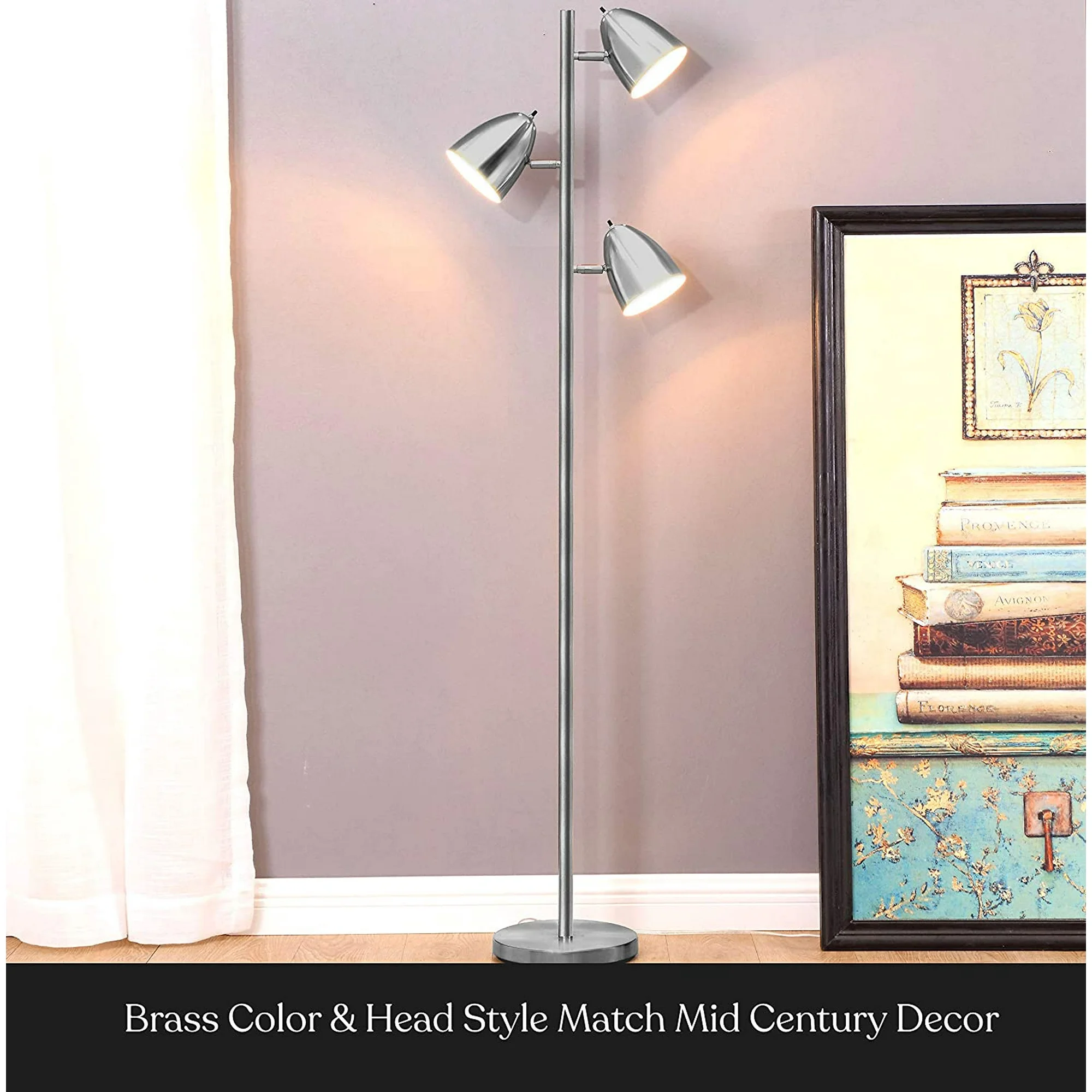 Jacob Led Standing Lamp, Modern Bright Floor Lamps For Living Rooms & Bedrooms, Tall Led Lighting Lamp With Adjustable 3 Light Tree  Satin Ni El