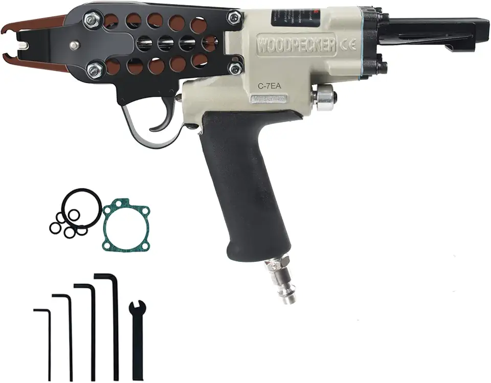 WOODPECKER C-7EA 15 Guage Pneumatic Hog Ring Gun 3/4-Inch with Slim Long Nose, 7.0 mm- 8.0 mm Closure Diameter, Air Hog Ring Plier Tool Power C Ring Gun for Fencing, Wire Cages