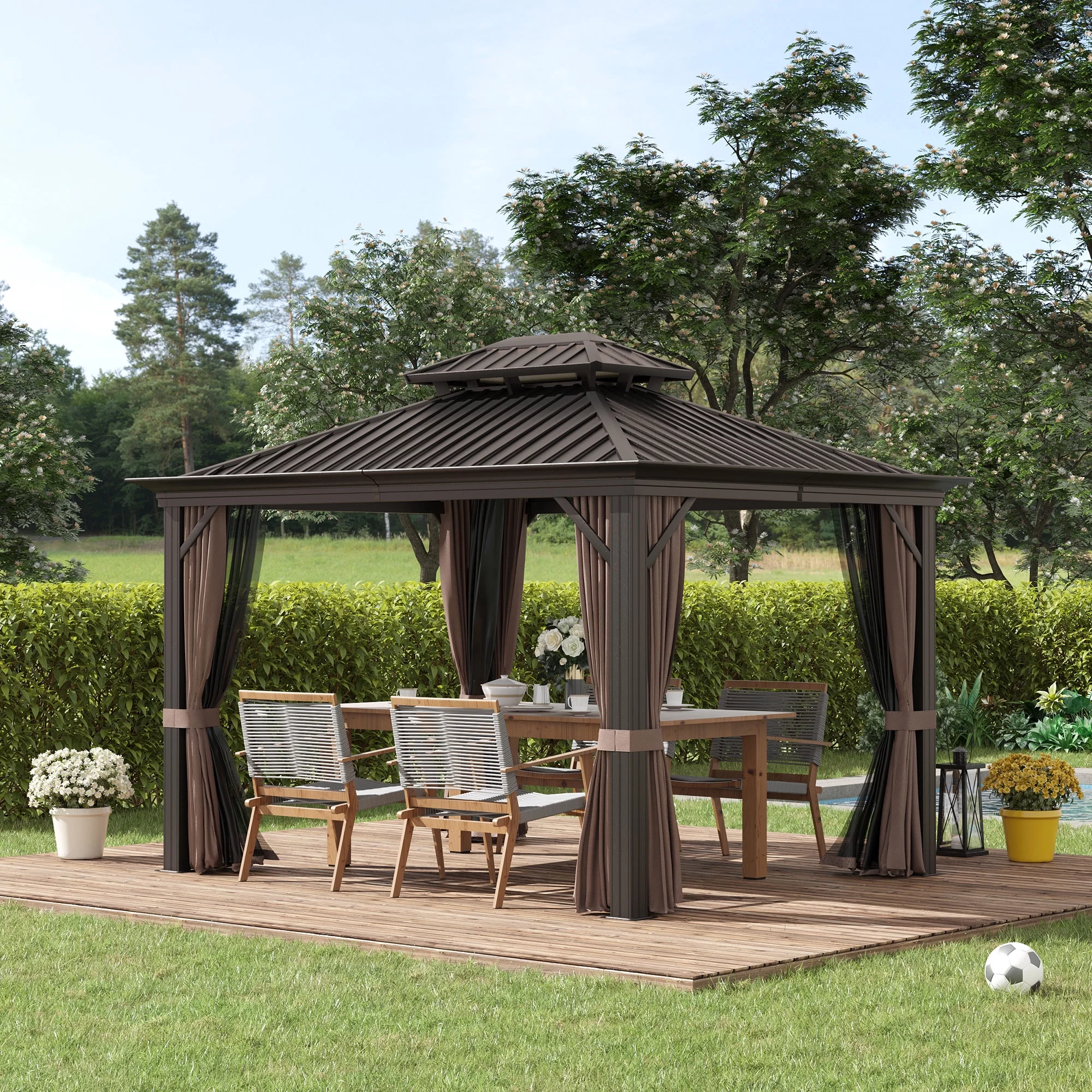 Outsunny 10' x 12' Hardtop Gazebo with Curtains and Netting, Permanent Pavilion Metal Double Roof Gazebo Canopy with Aluminum Frame and Hooks, for Garden, Patio, Backyard, Dark Brown