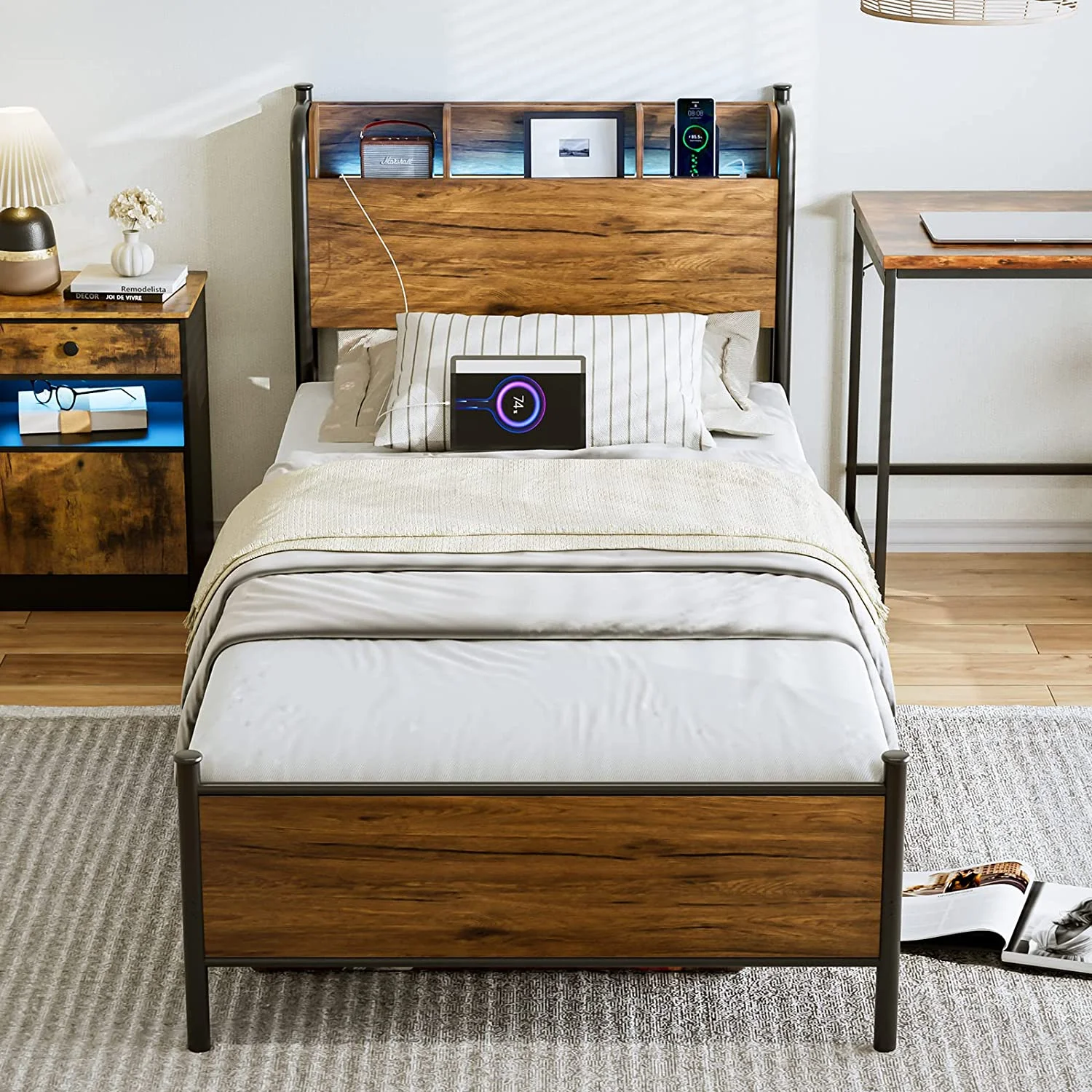 IKIFLY LED Bed Frame Twin XL with Storage Shelf Headboard & 2 USB Ports - Heavy Duty Metal and Wood Platform Bed Frame with Under-Bed Storage, Noise Free, No Box Spring Needed - Dark Brown