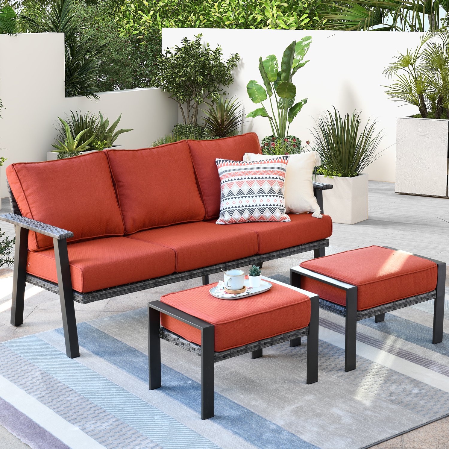 Ovios 3 Piece Outdoor Furniture All-Weather Patio Conversation Set Wicker Sectional Sofa with 5