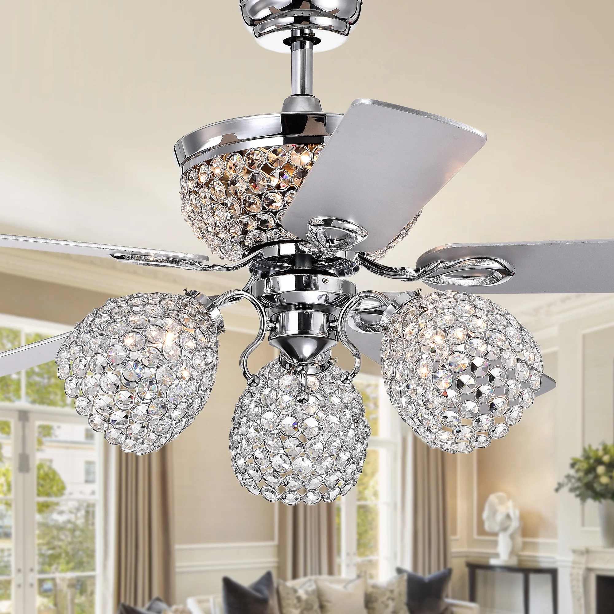 Jasper Silver 52-Inch 5-Blade Lighted Ceiling Fan with Multiple Crystal Lamps Remote Controlled