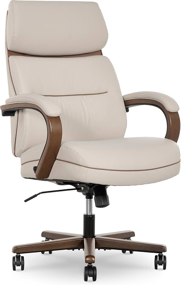 Finch Neo Two Mid Back Office Chair in PU Leather Upholstery, Semi Plush Foam Cushion Seat, Soft Padded Wooden Armrests and Swivel Base, Modern DeskChair with Gentle Ergonomic Contours, Cream