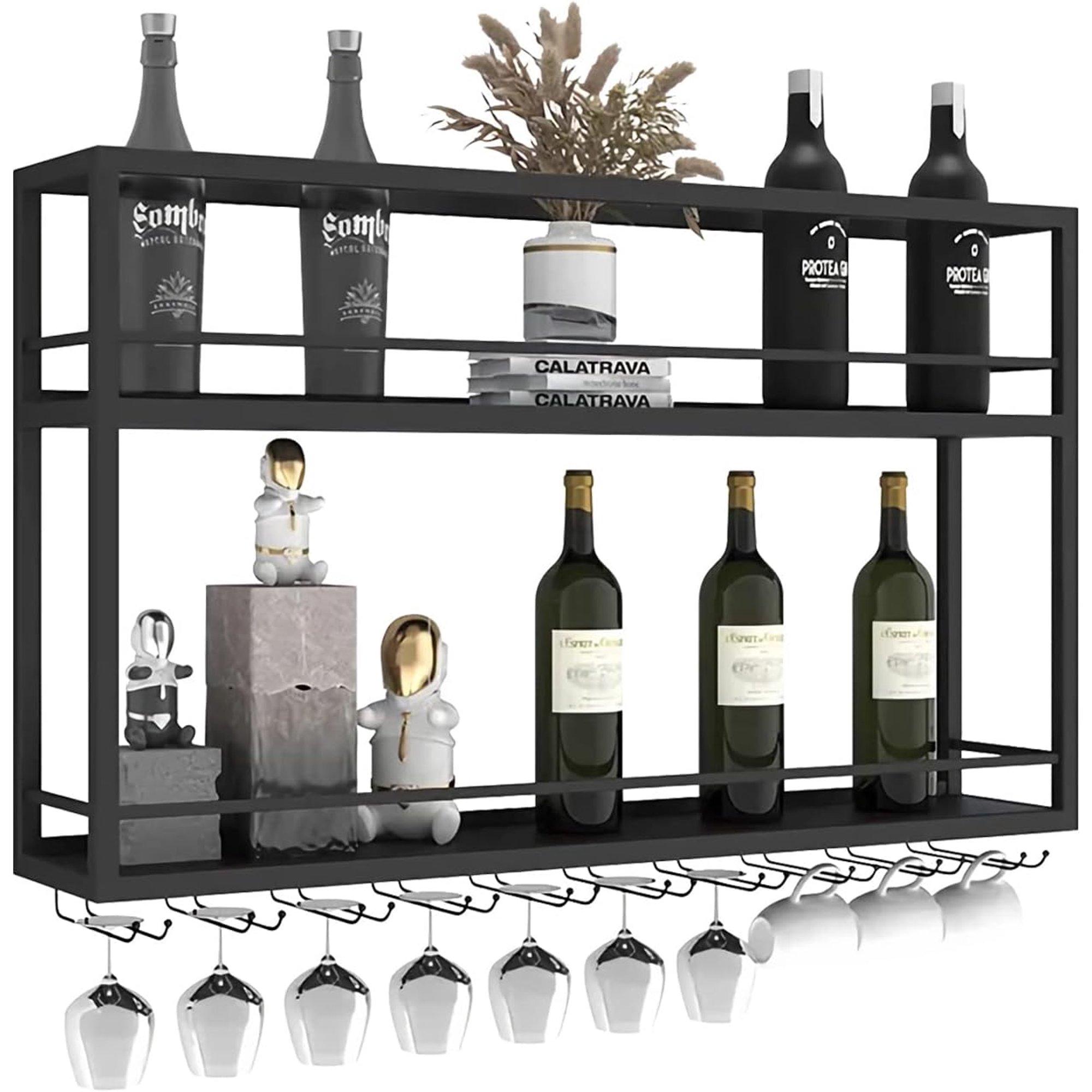 Industrial Wall Mounted Wine Rack, 2-Tier Wood Wine Bottle Shelf with Stemware Rack, Black Wine Glass Rack Multi Functional Wine Storage Display Rack for Home Bar Dining Room Kitchen (39.37.826in)