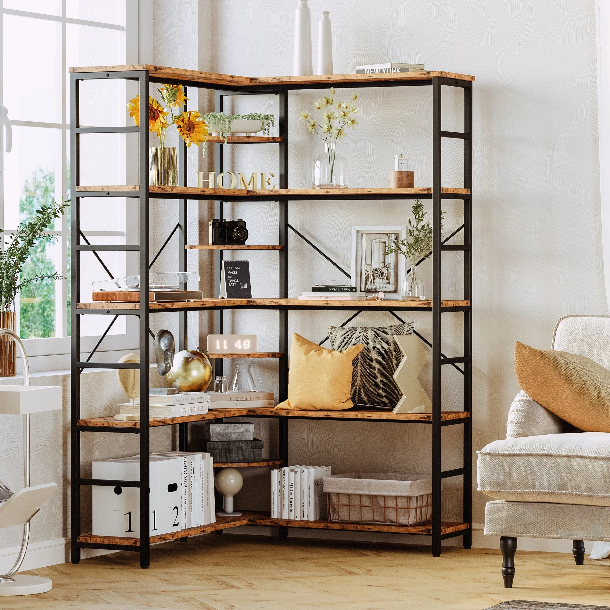 IRONCK Bookcases and Bookshelves, 5-Tiers Corner Bookcase with Curved Panels, L Shaped Shelf with Metal Frame for Open Storage for Living Room Home Office