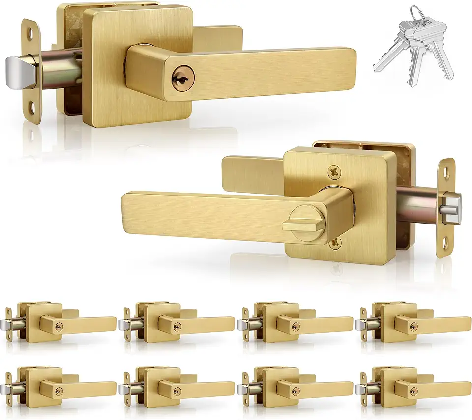 Brushed Gold Keyed Entry Square Door Lever, 10 Pack Wholesale Heavy Duty Interior Door Lever (Keyed Not Alike), Reversible Door Lever for Bedroom Bathroom