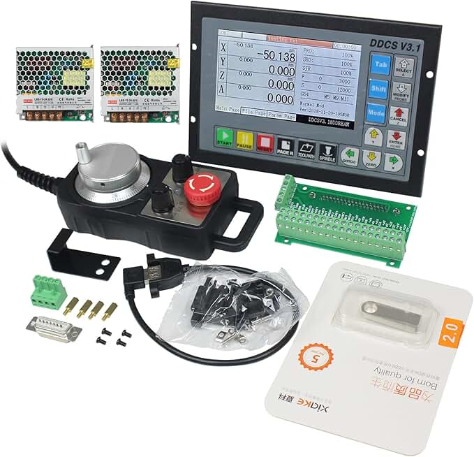 CNCTOPBAOS 4 Axis CNC Motion Controller System DDCSV3.1 Offline Stand Alone PLC,Spindle/Stepper/Servo Motor Control+100PPR MPG Handwheel with E-Stop with 2pcs 75W 24V DC Power Supply