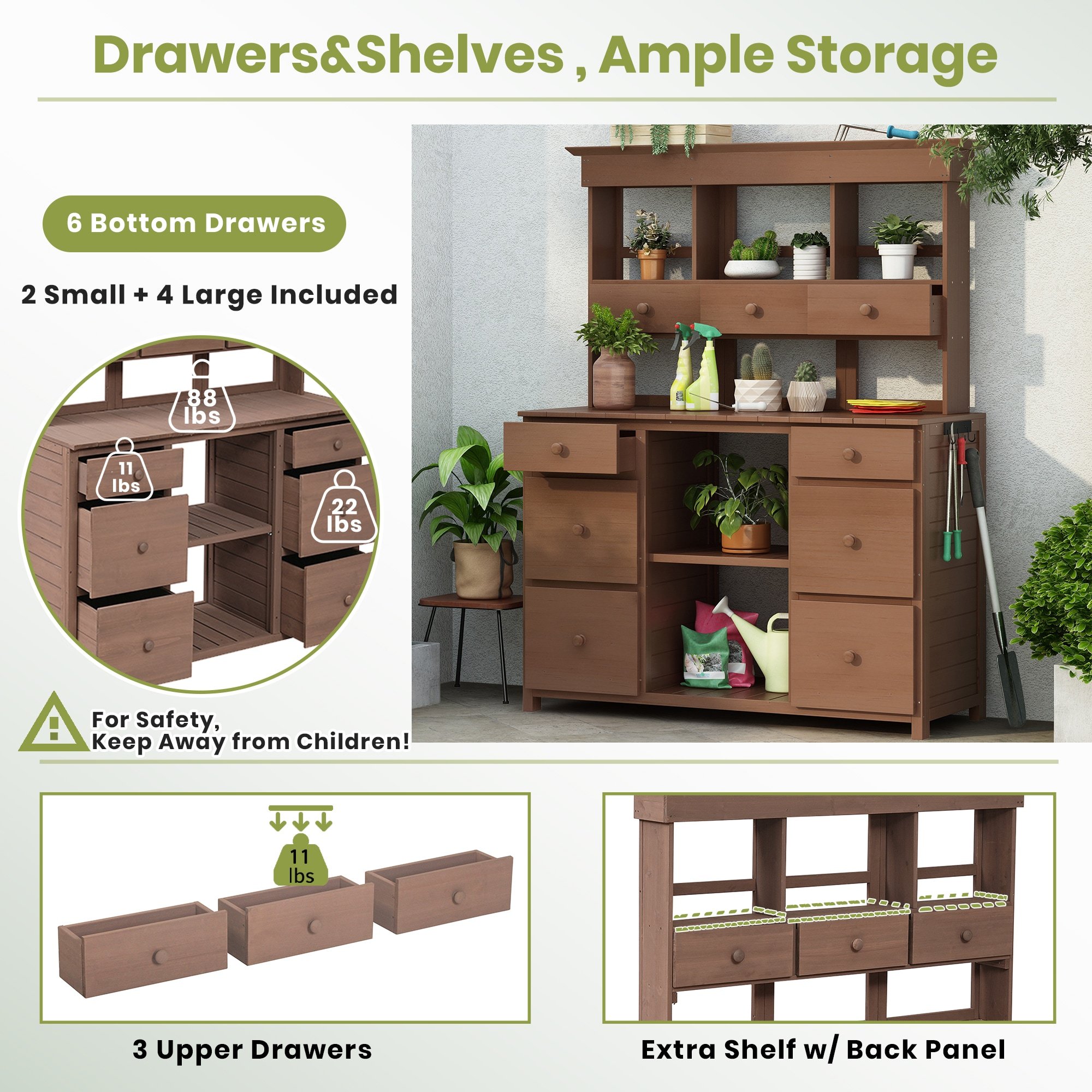 Outdoor Patio Garden Potting Bench Table with Multiple Drawers and Shelves