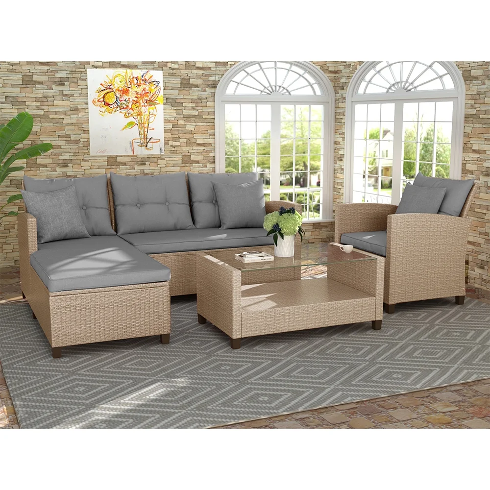 Patio Furniture Sets, 4-Piece Outdoor Sectional Sofa Set with Loveseat and Lounge Sofa, Armchair, Coffee Table, All-Weather Wicker Furniture Conversation Set for Backyard Garden, Q11972