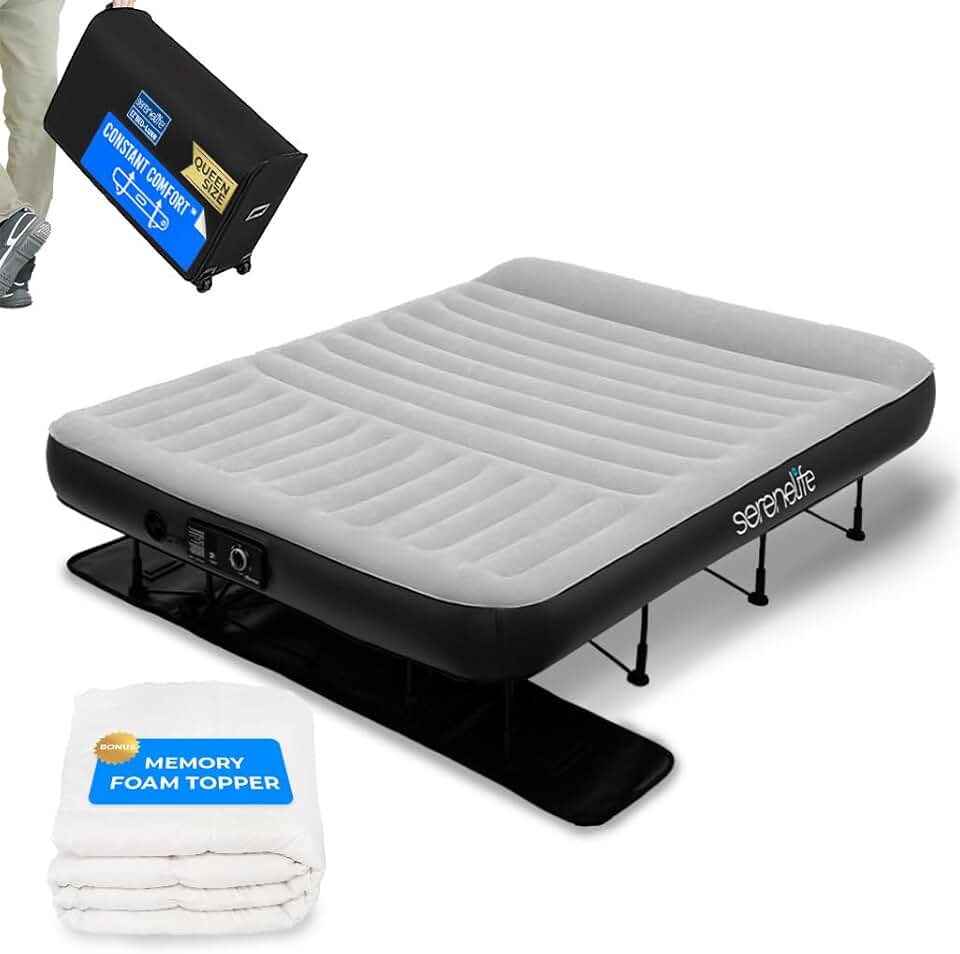 SereneLife Inflatable Air Bed with Frame - Auto Inflating Air Mattress with Built-in Pump, Memory Foam Cover, Self-Deploying Frame, Ideal for Guests, Camping & RV, Easy Carry Case, Queen 80