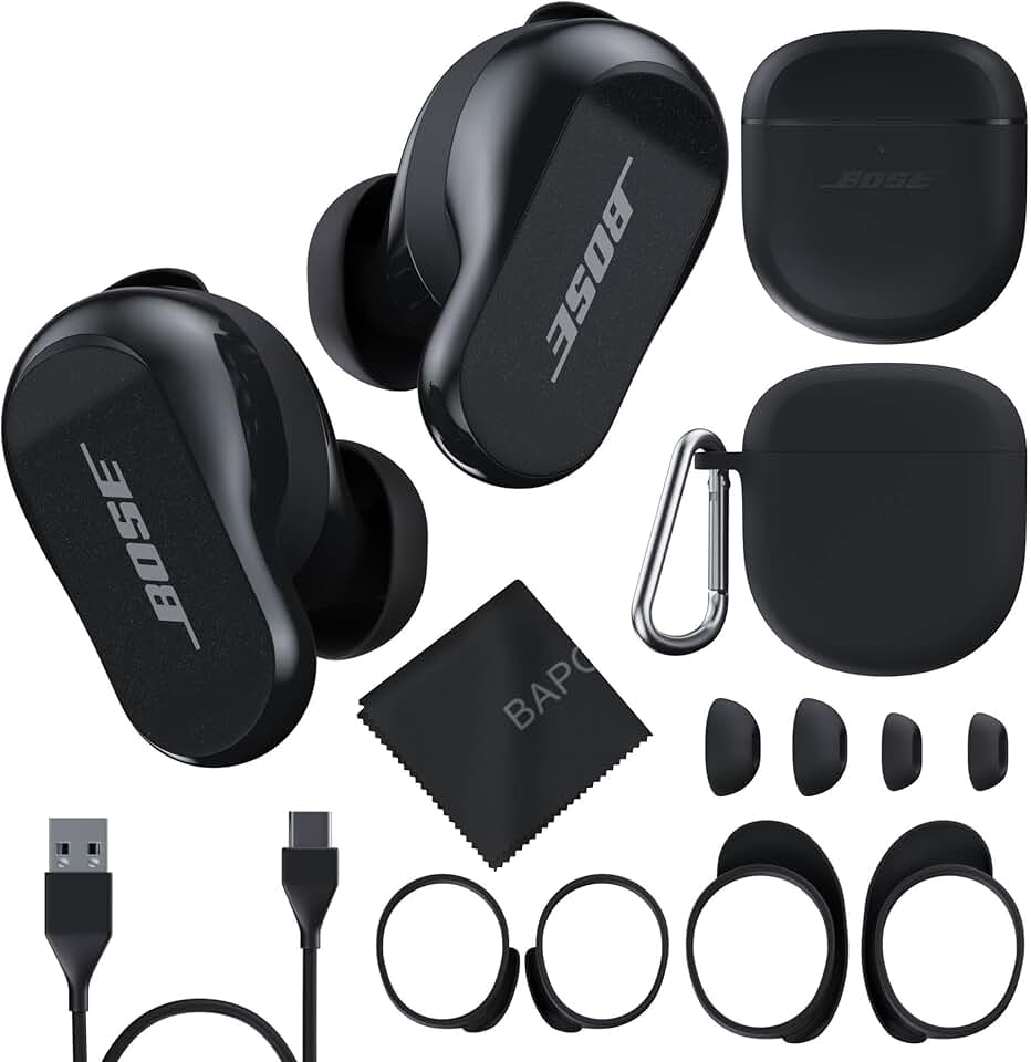 Bose QuietComfort Earbuds II Bundle with Protective Silicone Carrying Case and Cloth - Active Wireless Noise Cancelling in-Ear Bluetooth Headphones with Personalized Sound, Bose Earbuds 2 (Black)